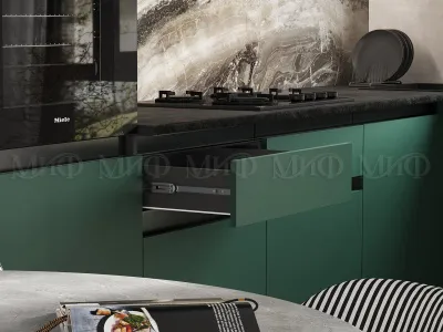 Кухня "Техно-6" Угловая 3,0 м * 1,8 м Графит /  Браш Мени Грин
