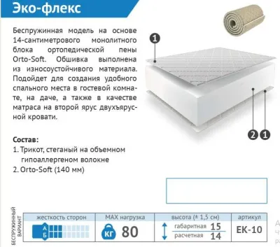 Матрас Эко-флекс без пружинный 800*2000